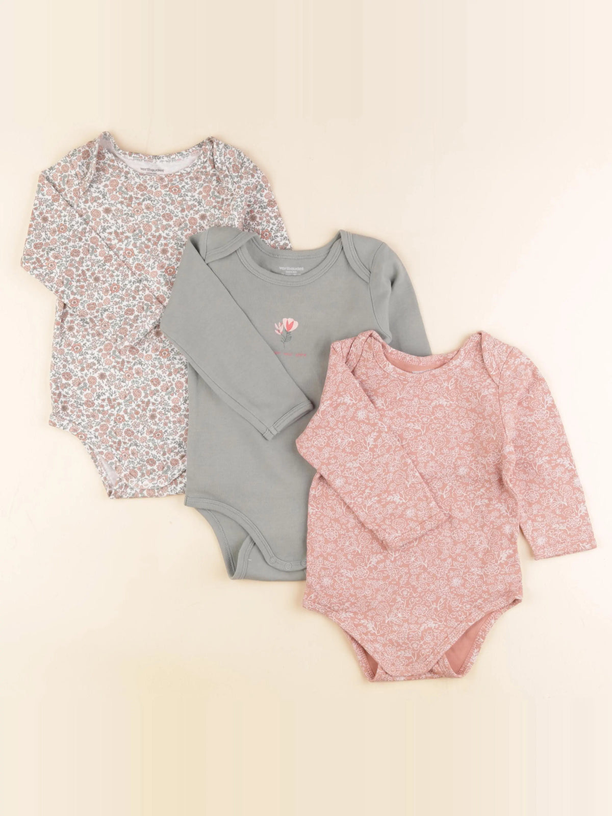Vertbaudet - lot de 3 bodies en coton coton rose, vert - 24 mois