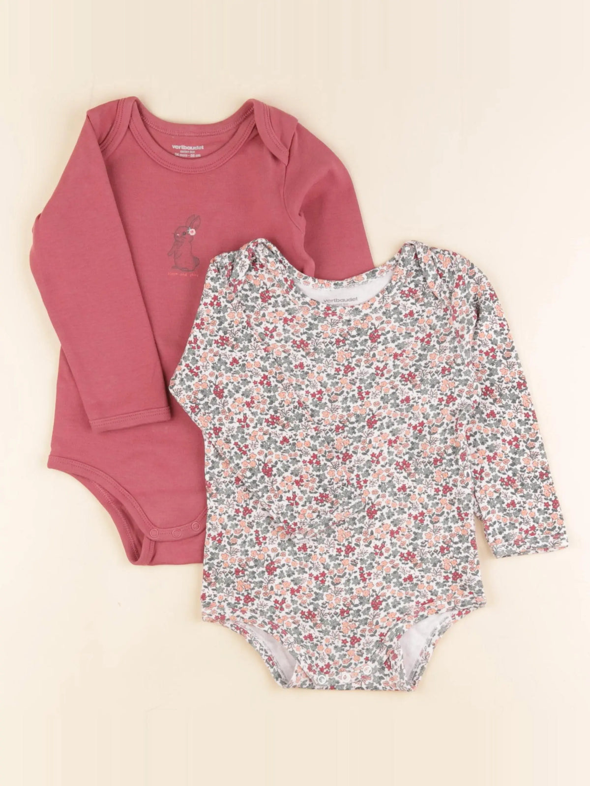 Vertbaudet - lot de 2 bodies en coton coton rose, vert - 24 mois