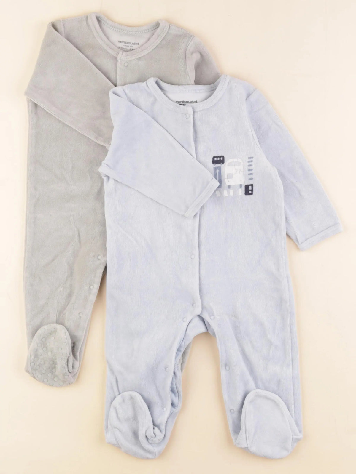 Vertbaudet - lot de 2 pyjamas velours bleu, gris - 9 mois