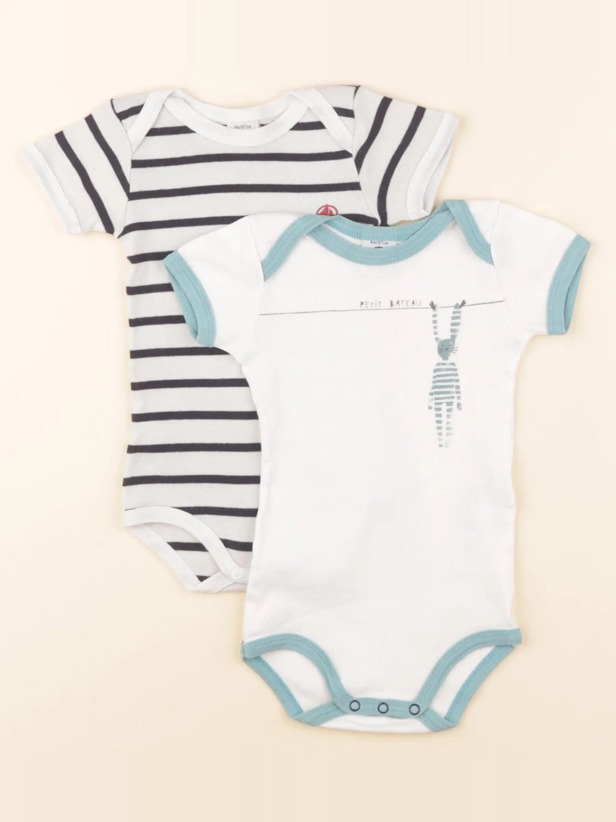 Petit Bateau - lot de 2 bodies en coton blanc, bleu - 6 mois