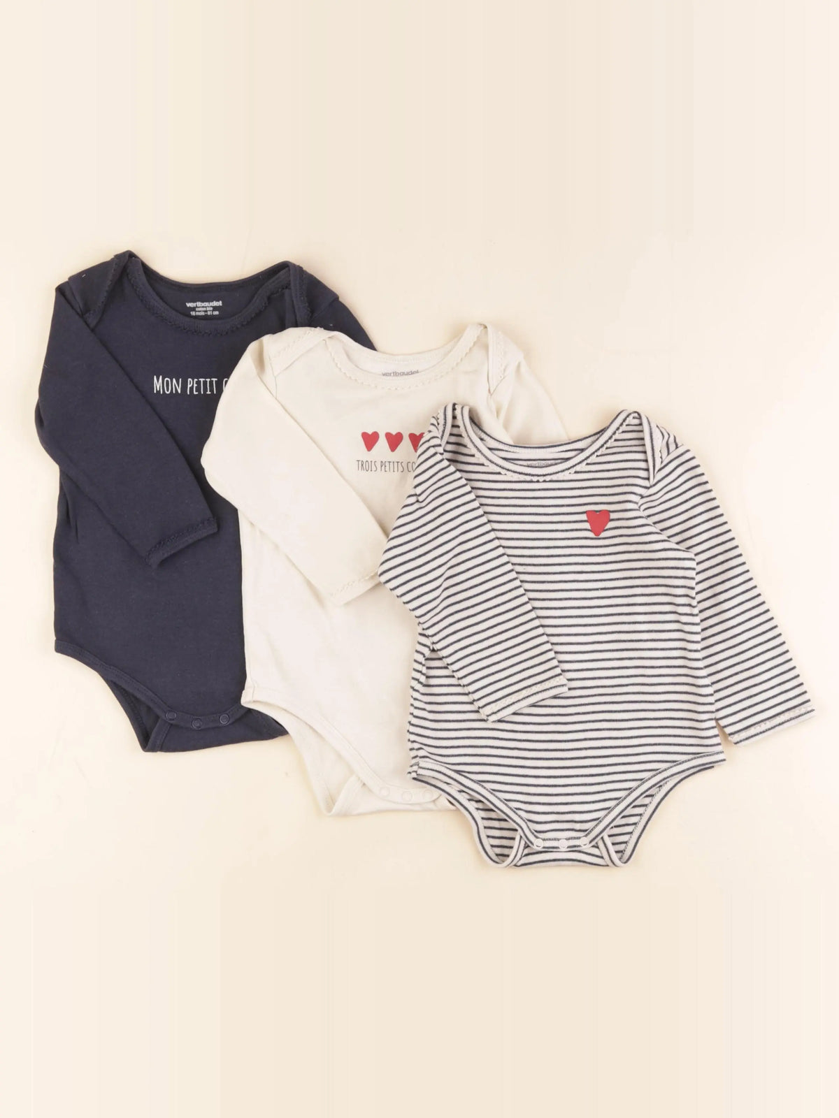 Vertbaudet - lot de 3 bodies en coton bleu - 18 mois