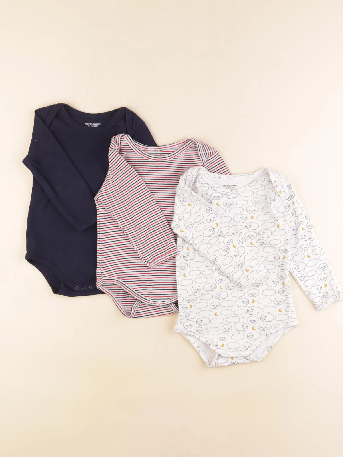 Vertbaudet - lot de 3 bodies en coton bleu, rouge - 18 mois