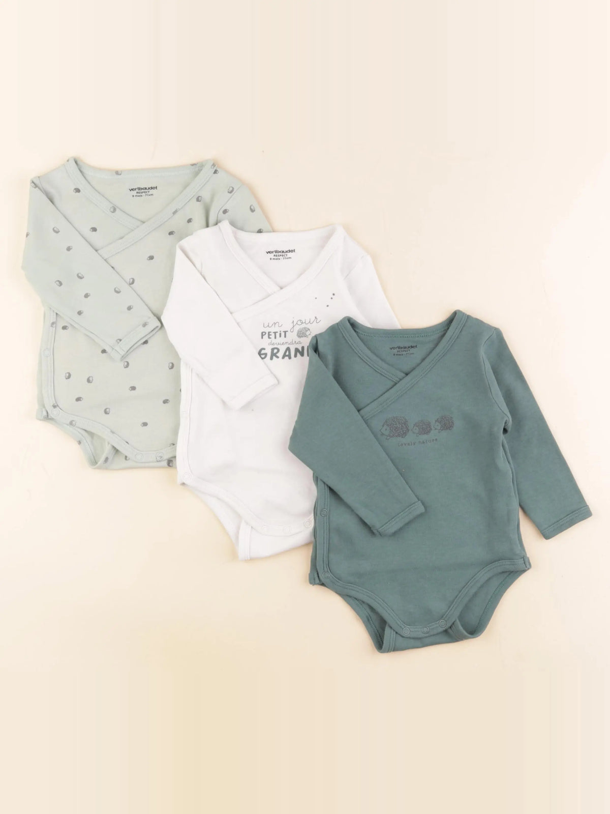 Vertbaudet - lot de 3 bodies en coton vert - 9 mois