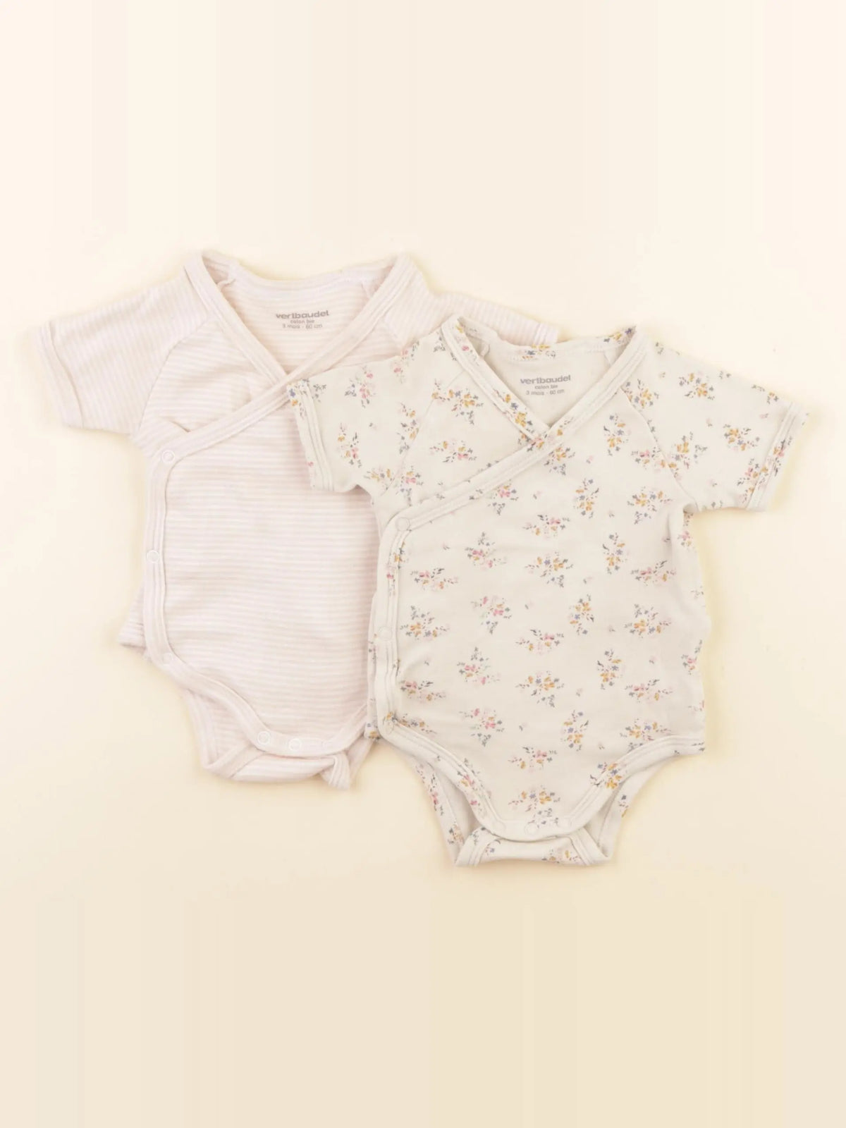 Vertbaudet - lot de 2 bodies en coton rose, beige - 3 mois