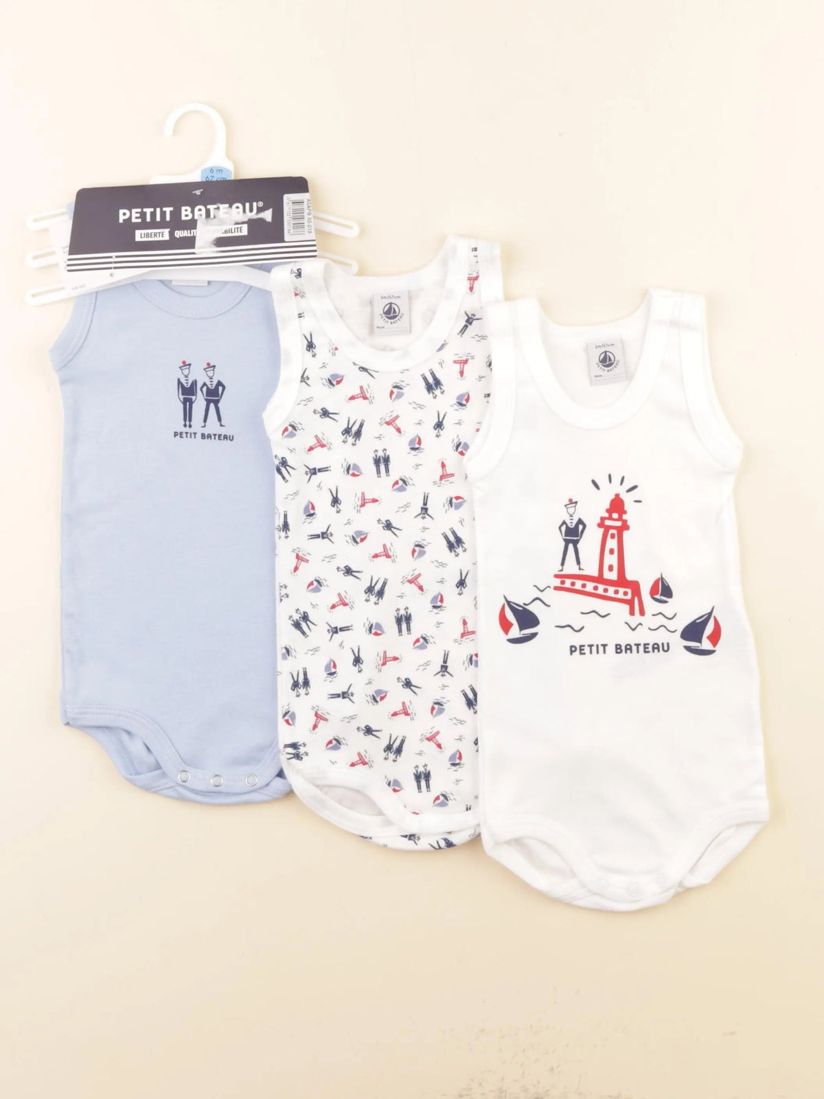 Petit Bateau - lot de 3 bodies en coton bleu - 6 mois