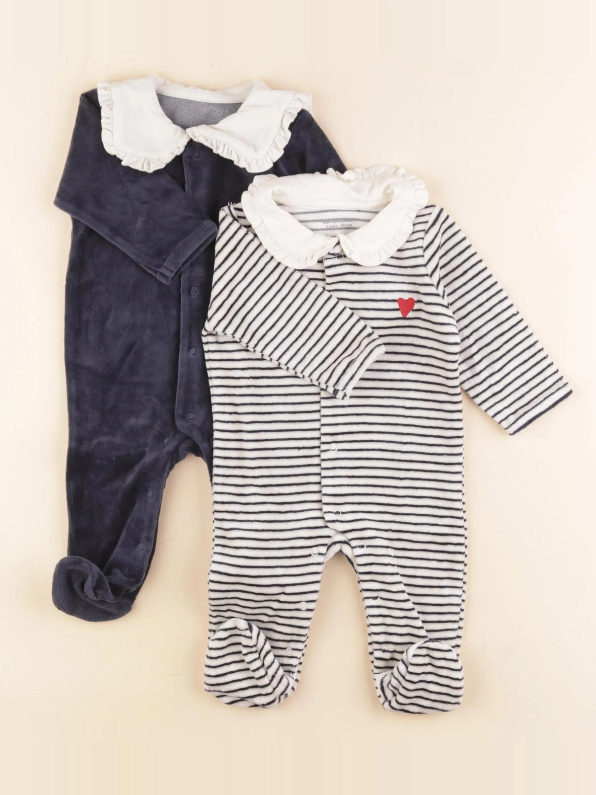 Vertbaudet - lot de 2 pyjamas velours bleu, blanc - 3 mois