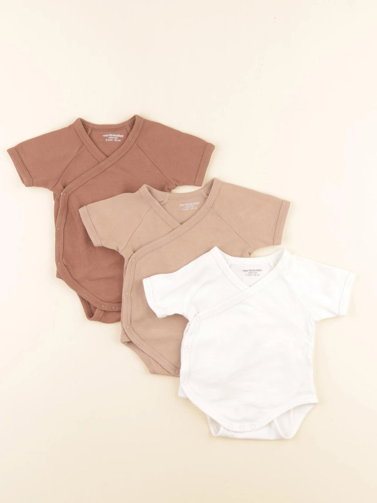 Vertbaudet - lot de 3 bodies en coton blanc, marron - 3 mois