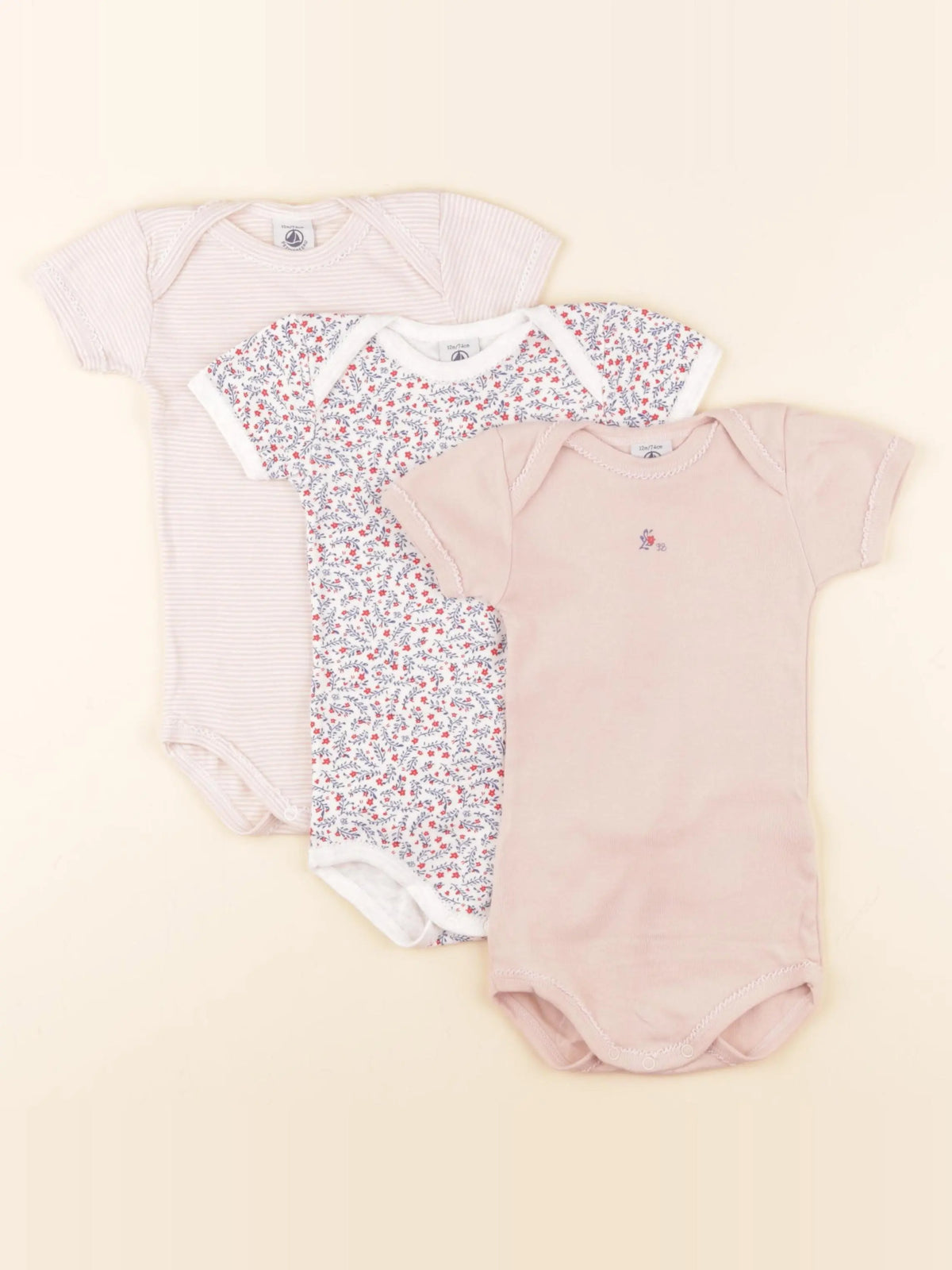 Petit Bateau - lot de 3 bodies en coton blanc, rose - 12 mois