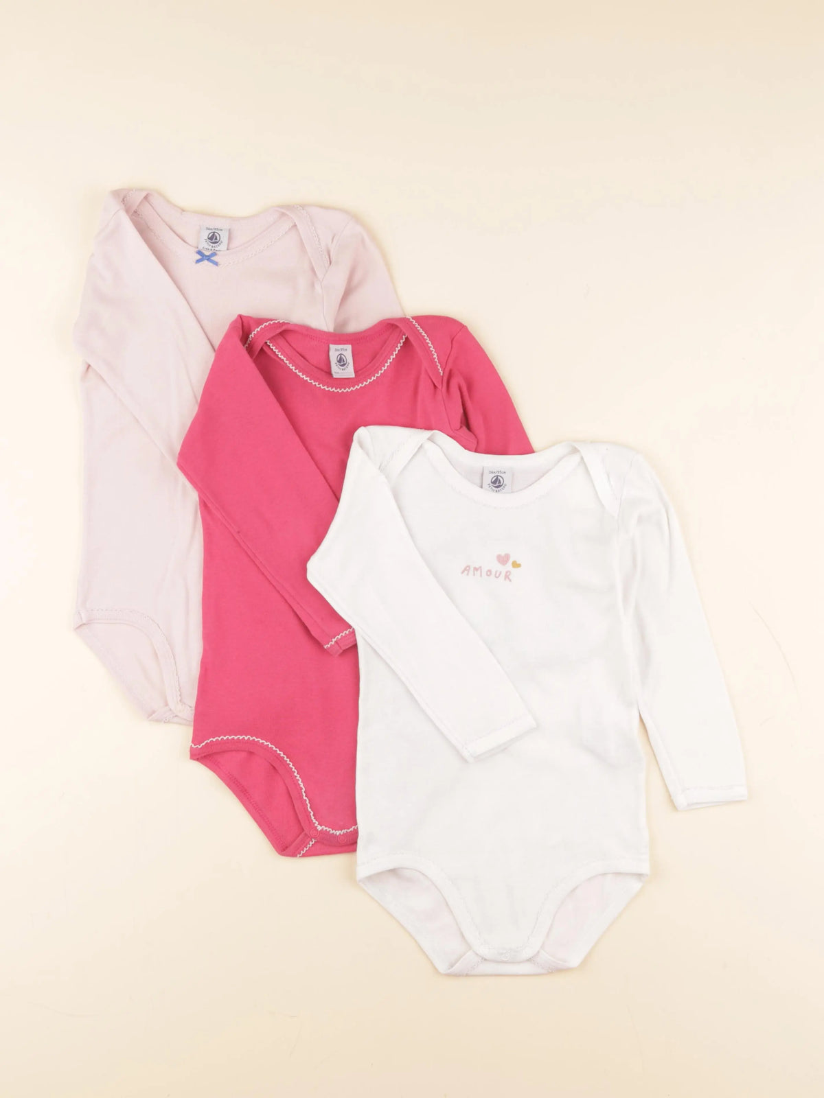 Petit Bateau - lot de 3 bodies en coton blanc, rose - 36 mois