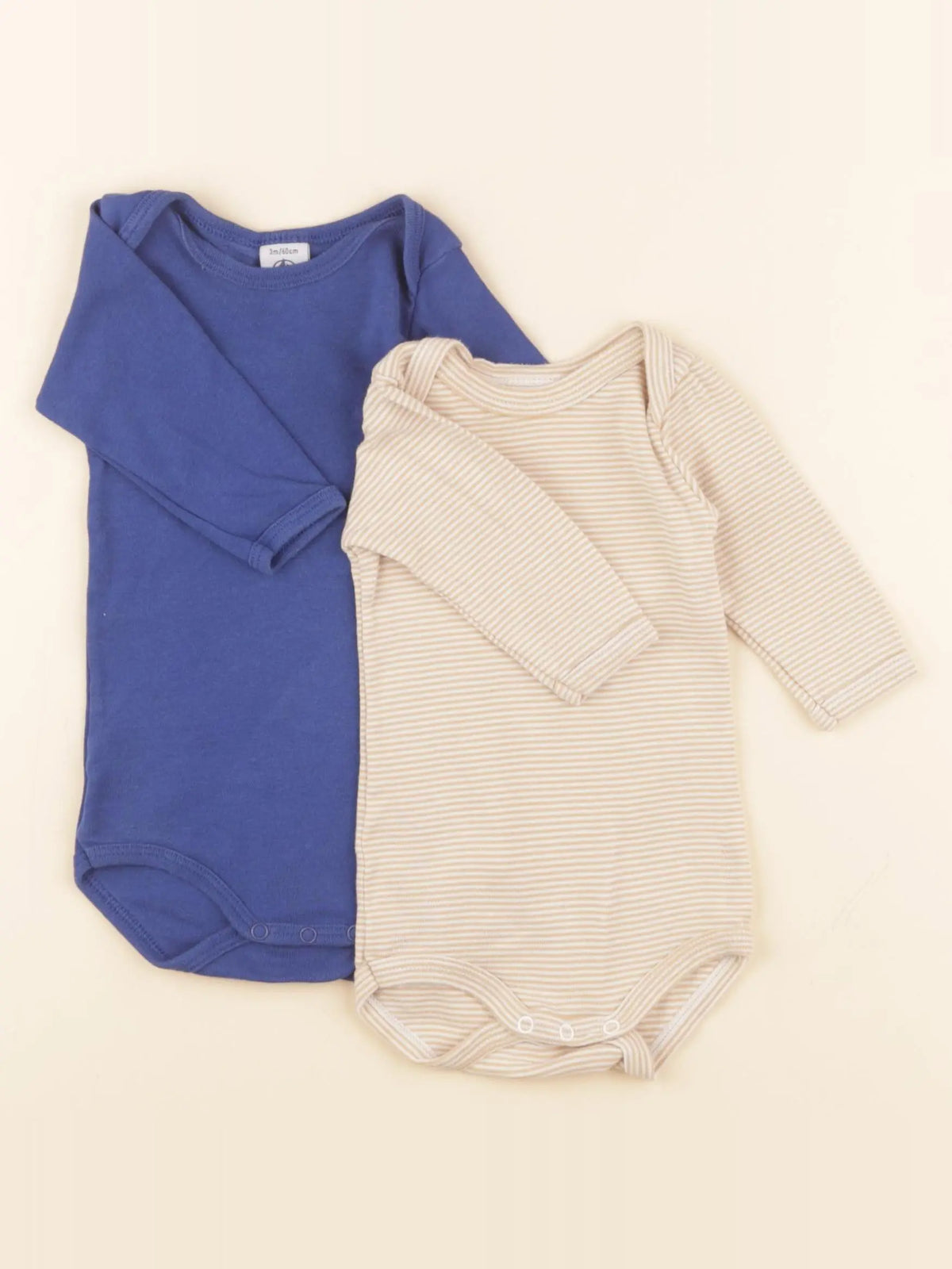 Petit Bateau - lot de 2 bodies en coton bleu, beige - 3 mois