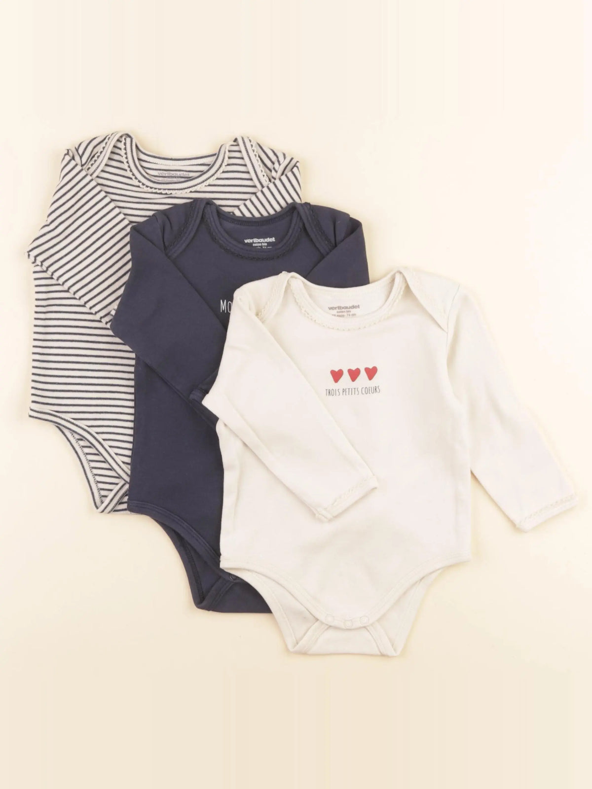 Vertbaudet - lot de 3 bodies en coton blanc, bleu - 12 mois