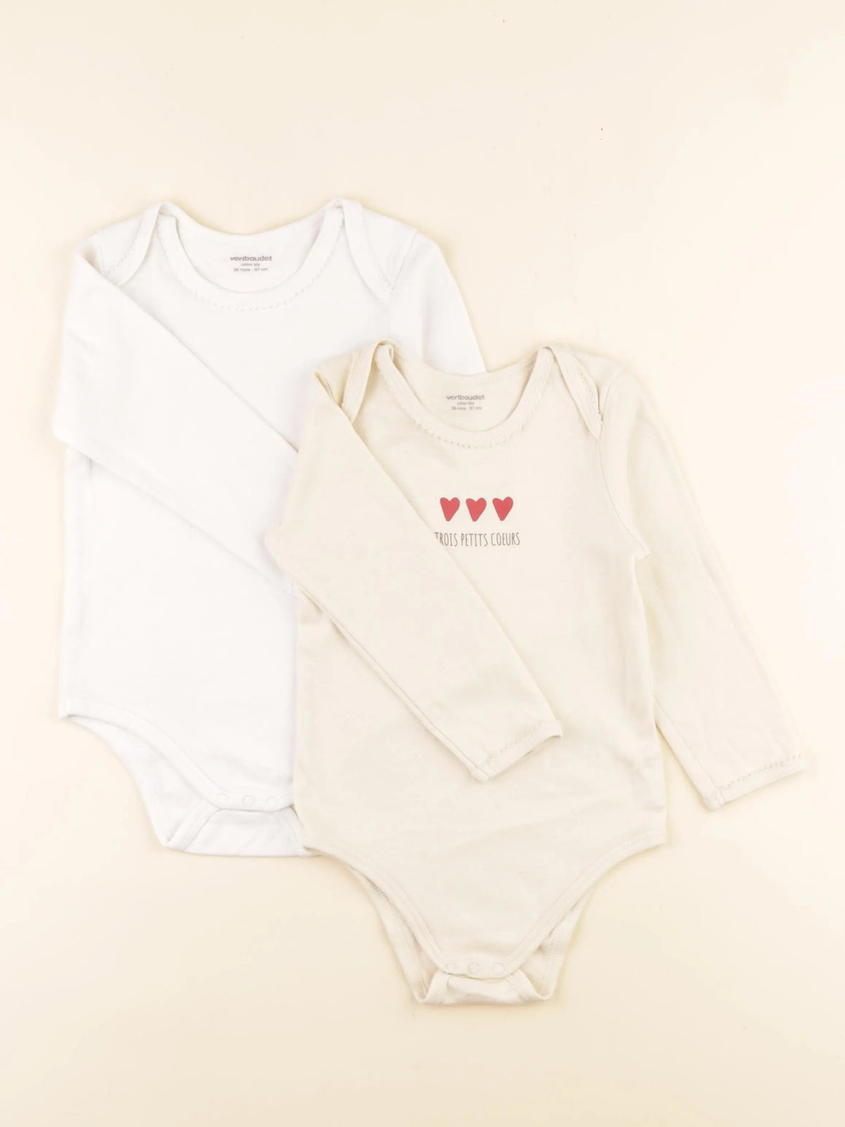 Vertbaudet - lot de 2 bodies en coton beige, blanc - 36 mois