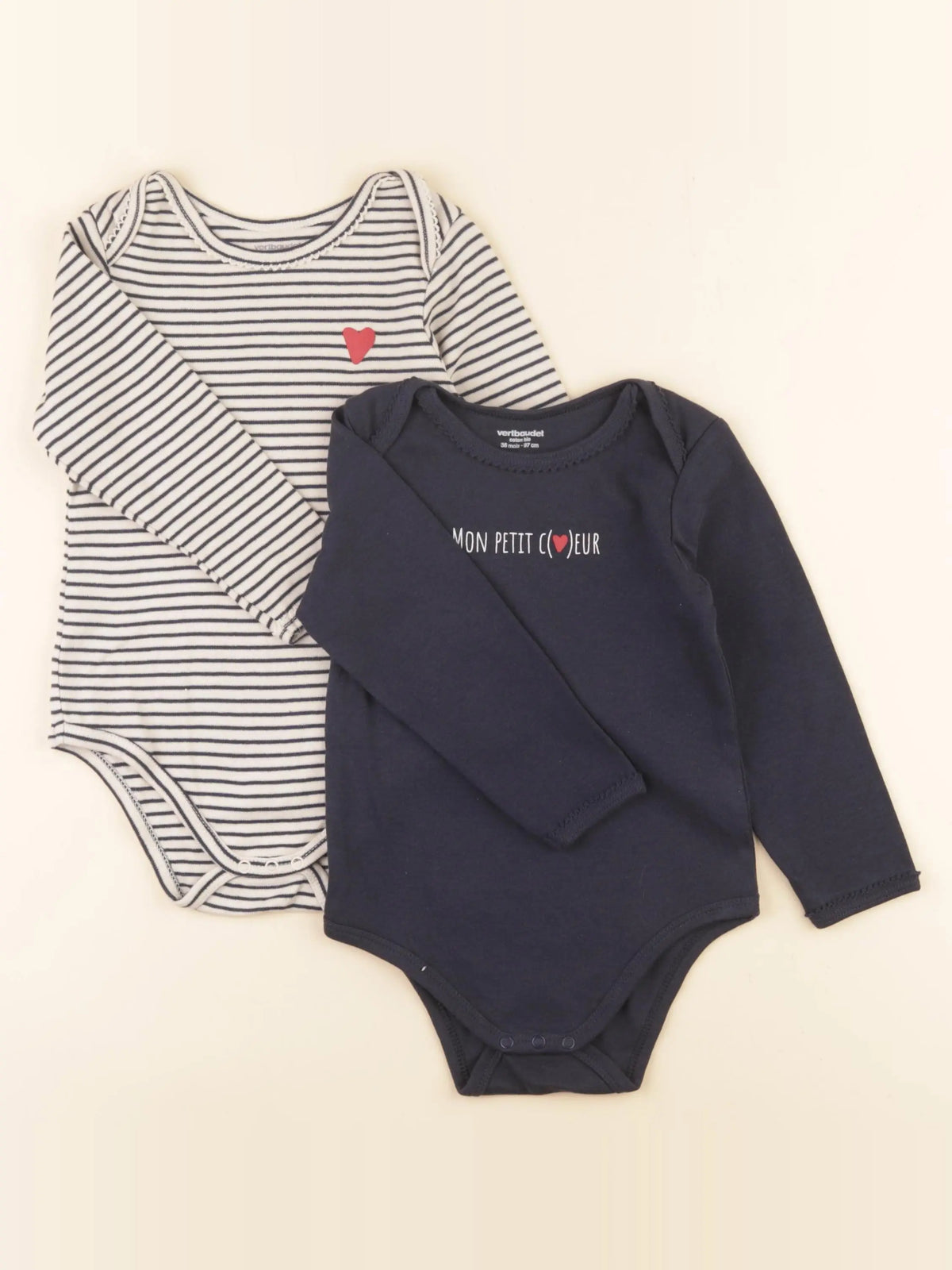 Vertbaudet - lot de 2 bodies en coton bleu, beige - 36 mois