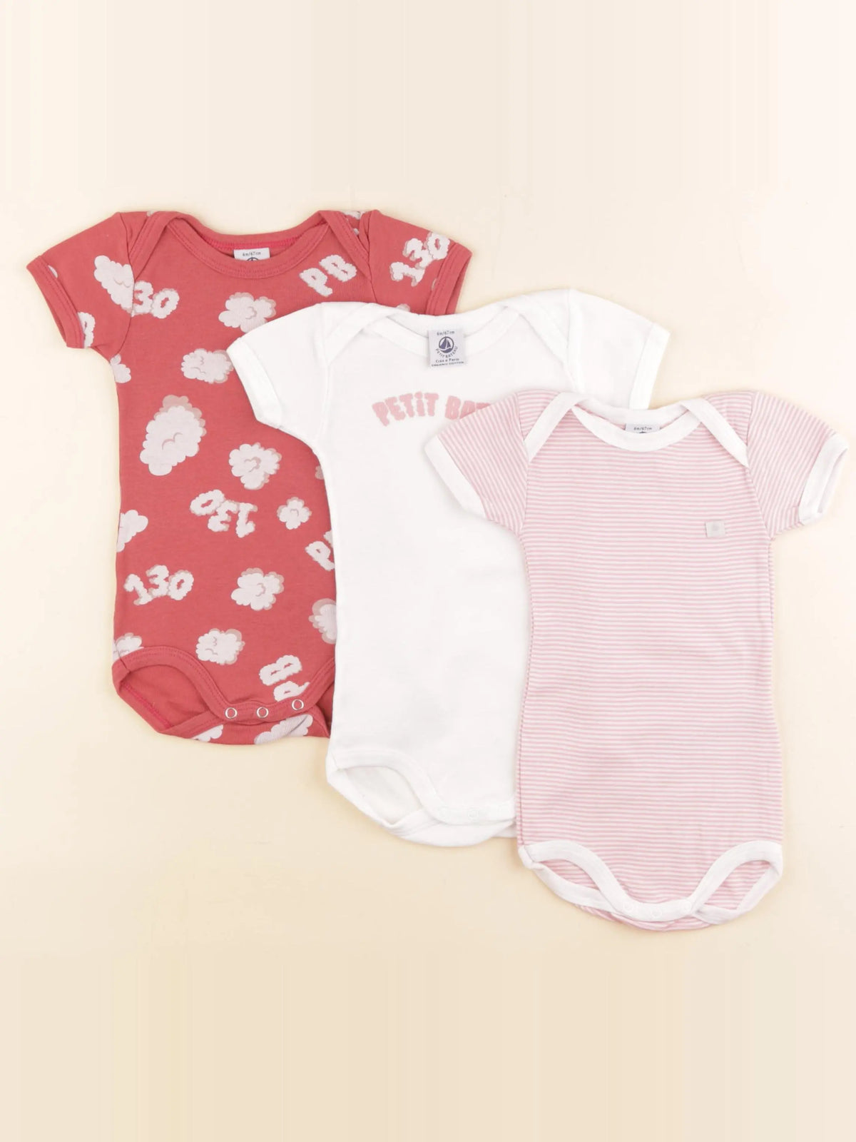 Petit Bateau - lot de 3 bodies en coton rose, blanc - 6 mois