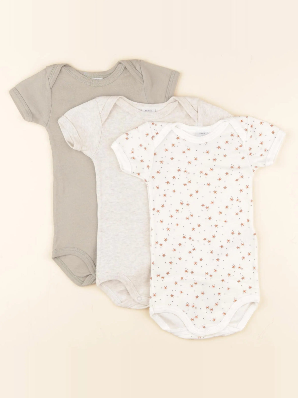 Petit Bateau - lot de 3 bodies en coton beige, vert - 6 mois