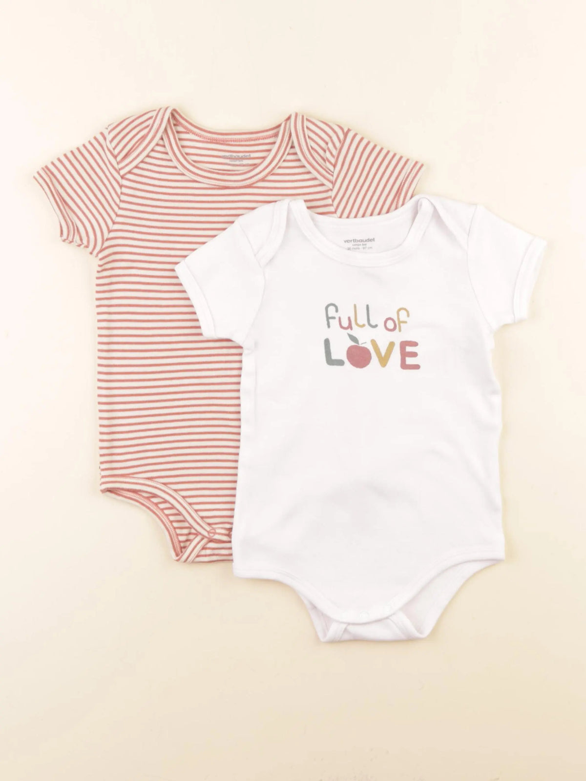 Vertbaudet - lot de 2 bodies en coton rose, blanc - 36 mois