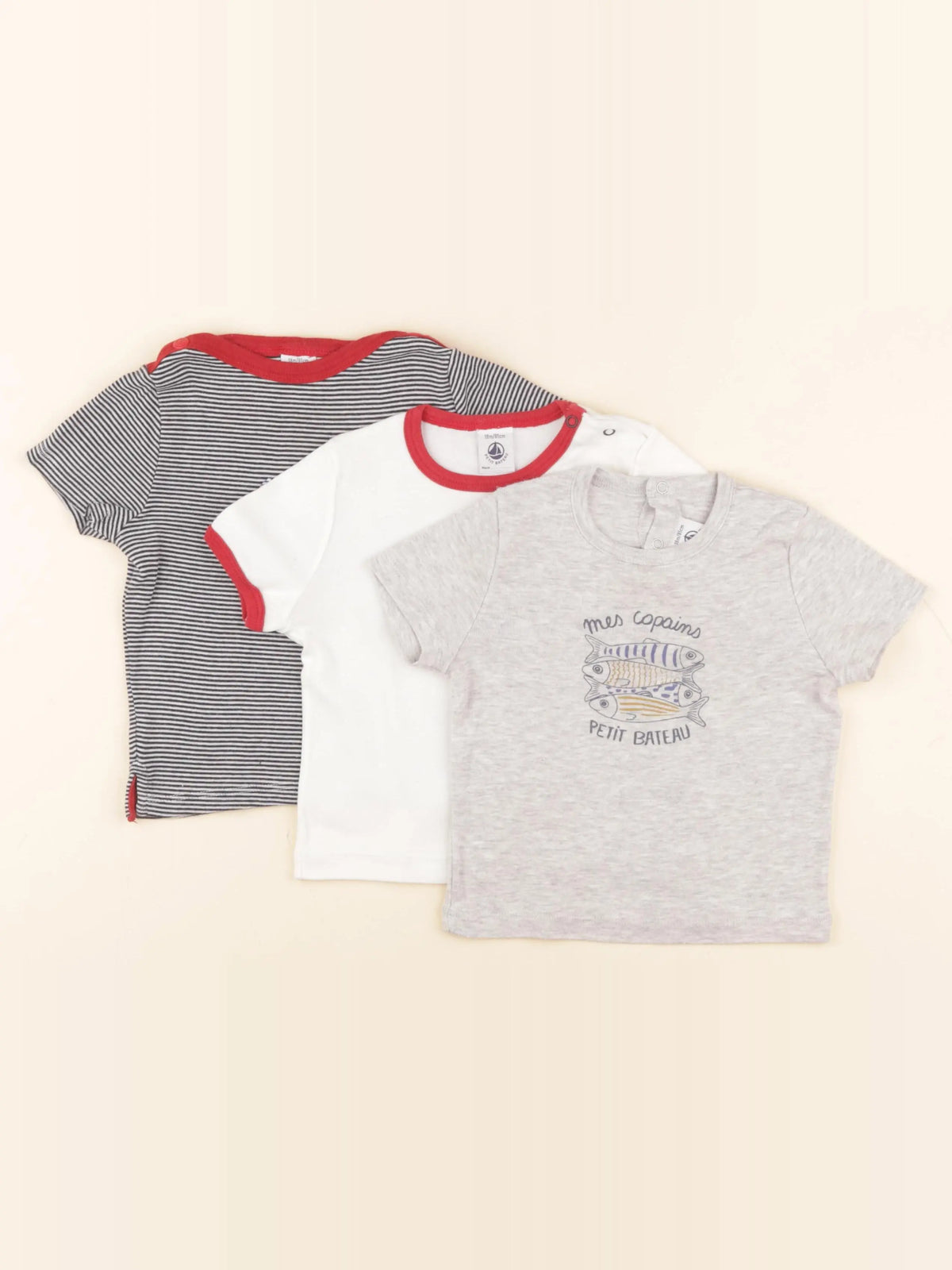 Petit Bateau - lot de 3 tee-shirts blanc, gris, bleu - 18 mois