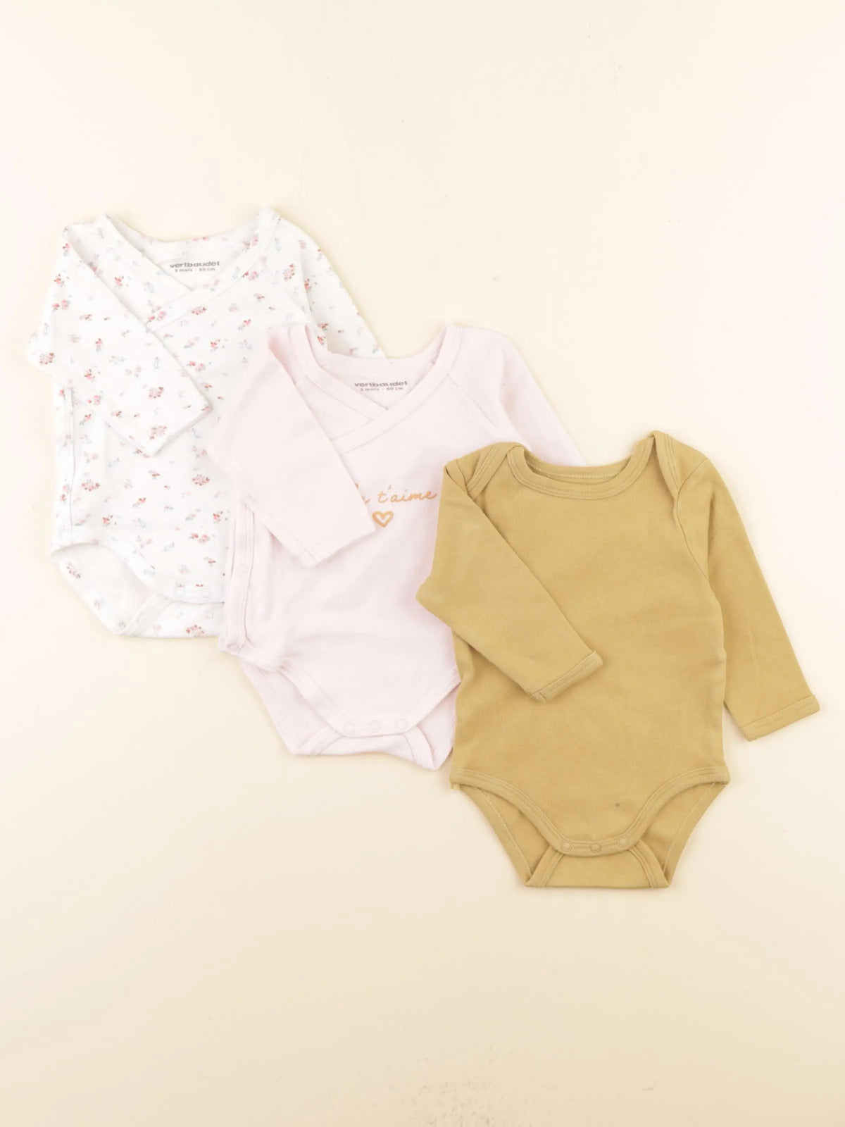 Vertbaudet - lot de 3 bodies en coton vert, rose - 3 mois