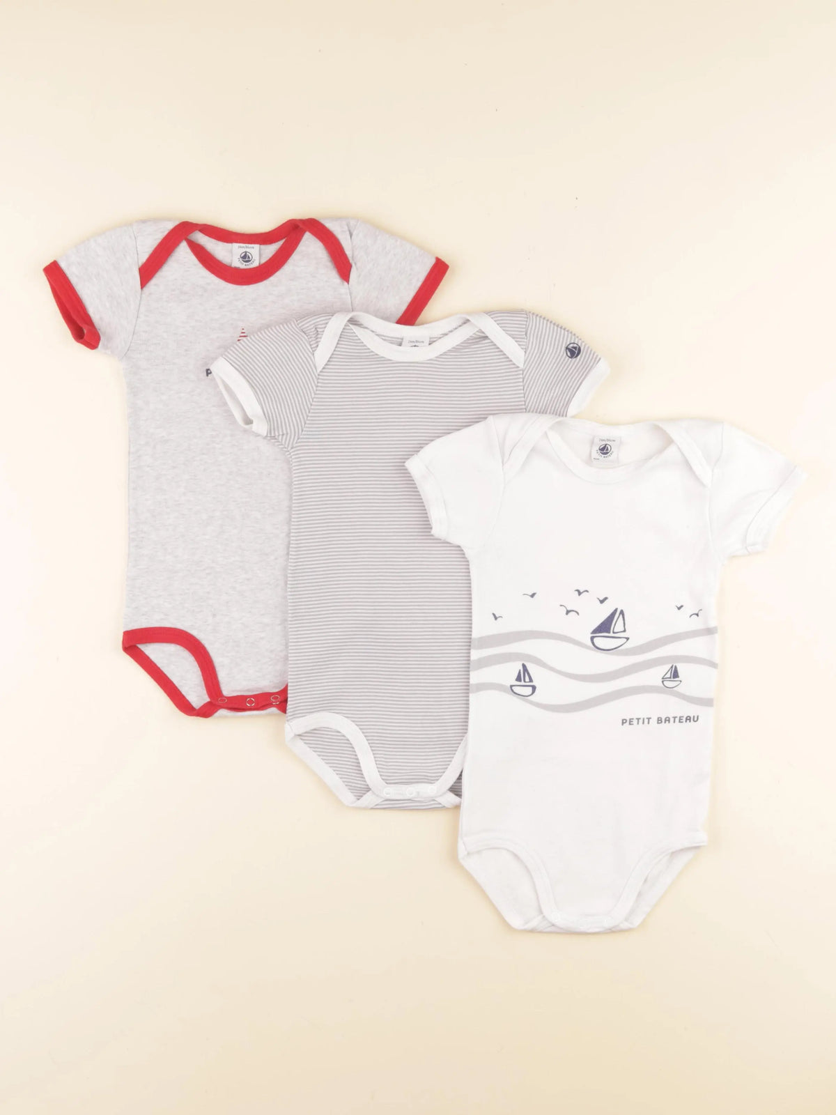 Petit Bateau - lot de 3 bodies en coton blanc, gris - 24 mois