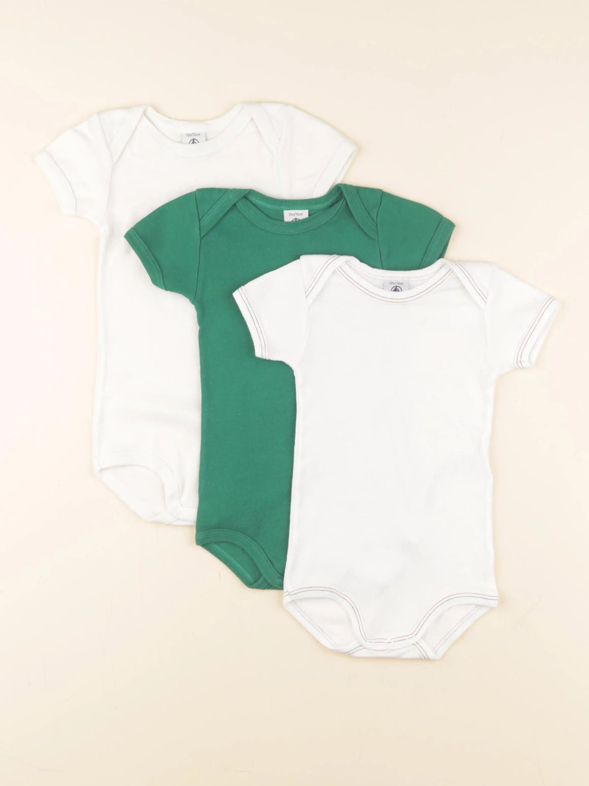 Petit Bateau - lot de 3 bodies en coton blanc, vert - 12 mois