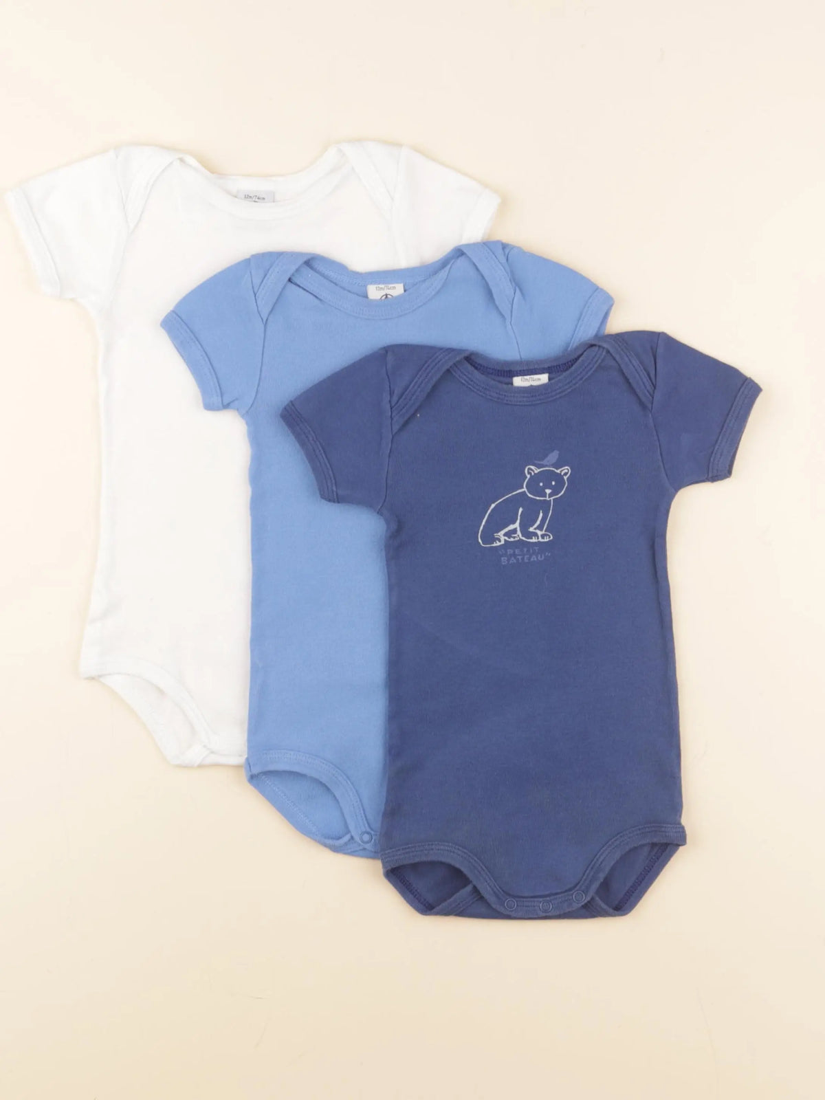 Petit Bateau - lot de 3 bodies en coton bleu, blanc - 12 mois