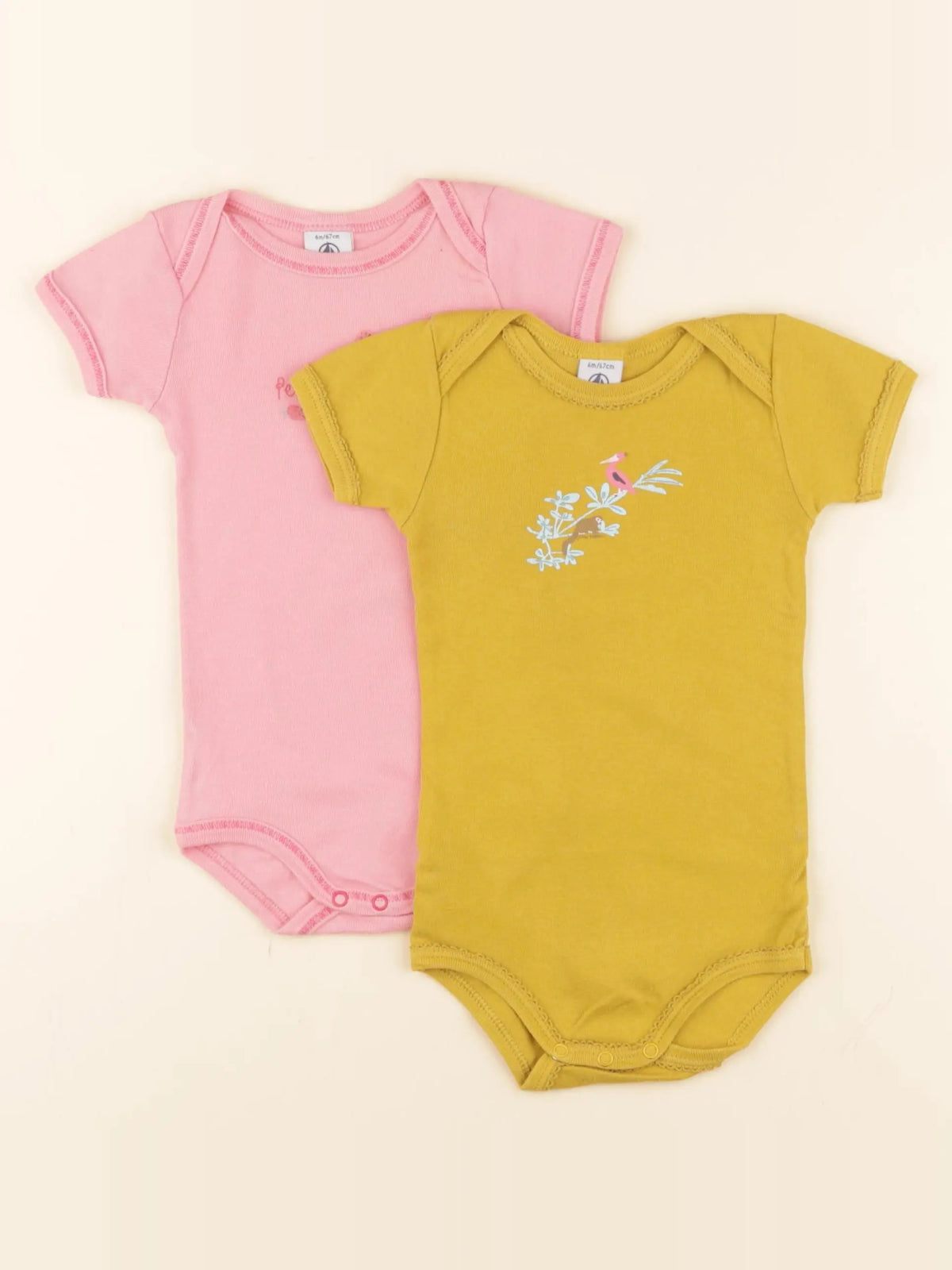 Petit Bateau - lot de 2 bodies en coton jaune, rose - 6 mois