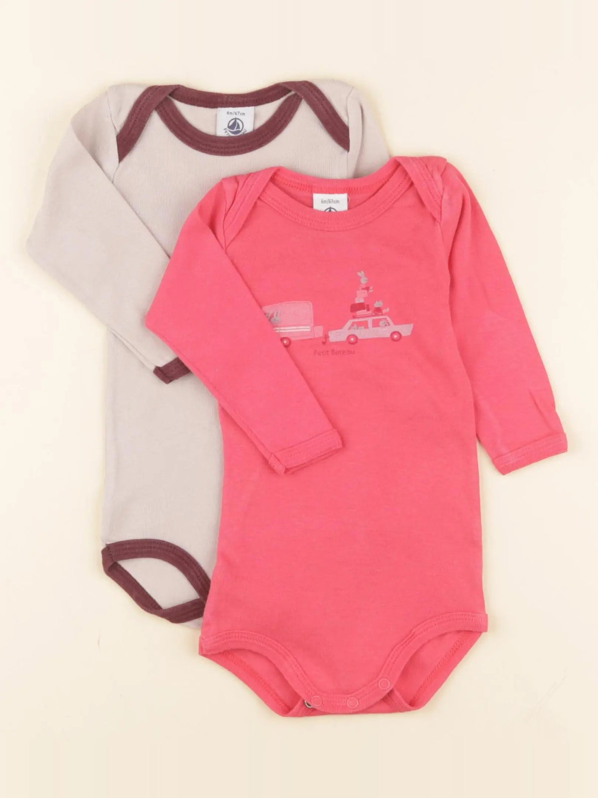 Petit Bateau - lot de 2 bodies en coton rose, beige - 6 mois