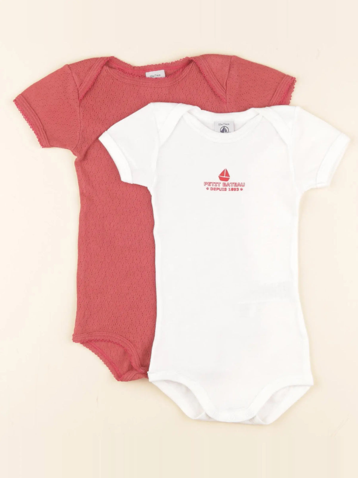 Petit Bateau - lot de 2 bodies en coton blanc, rouge - 12 mois