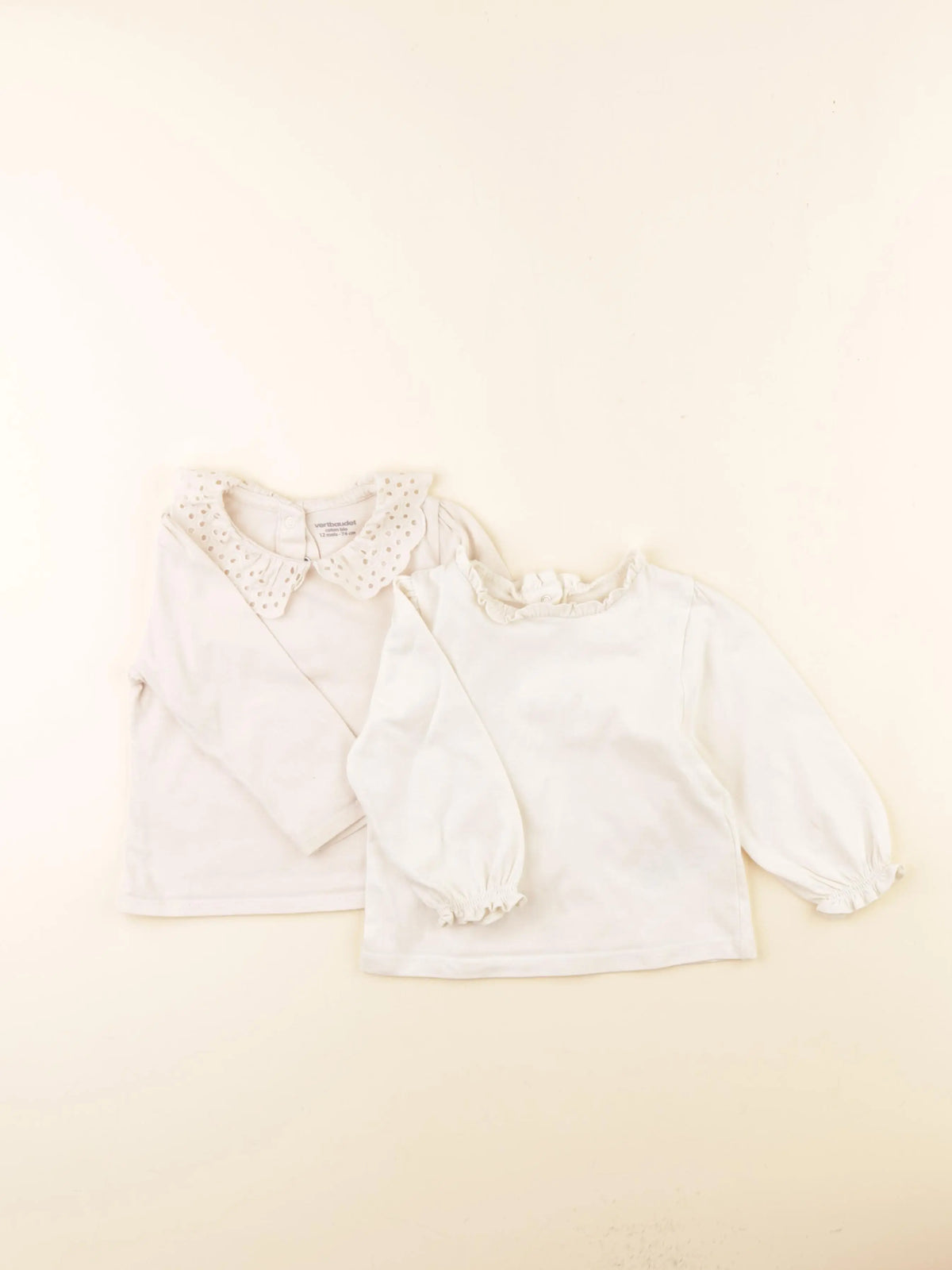 Vertbaudet - lot de 2 tee-shirts blanc, beige - 12 mois