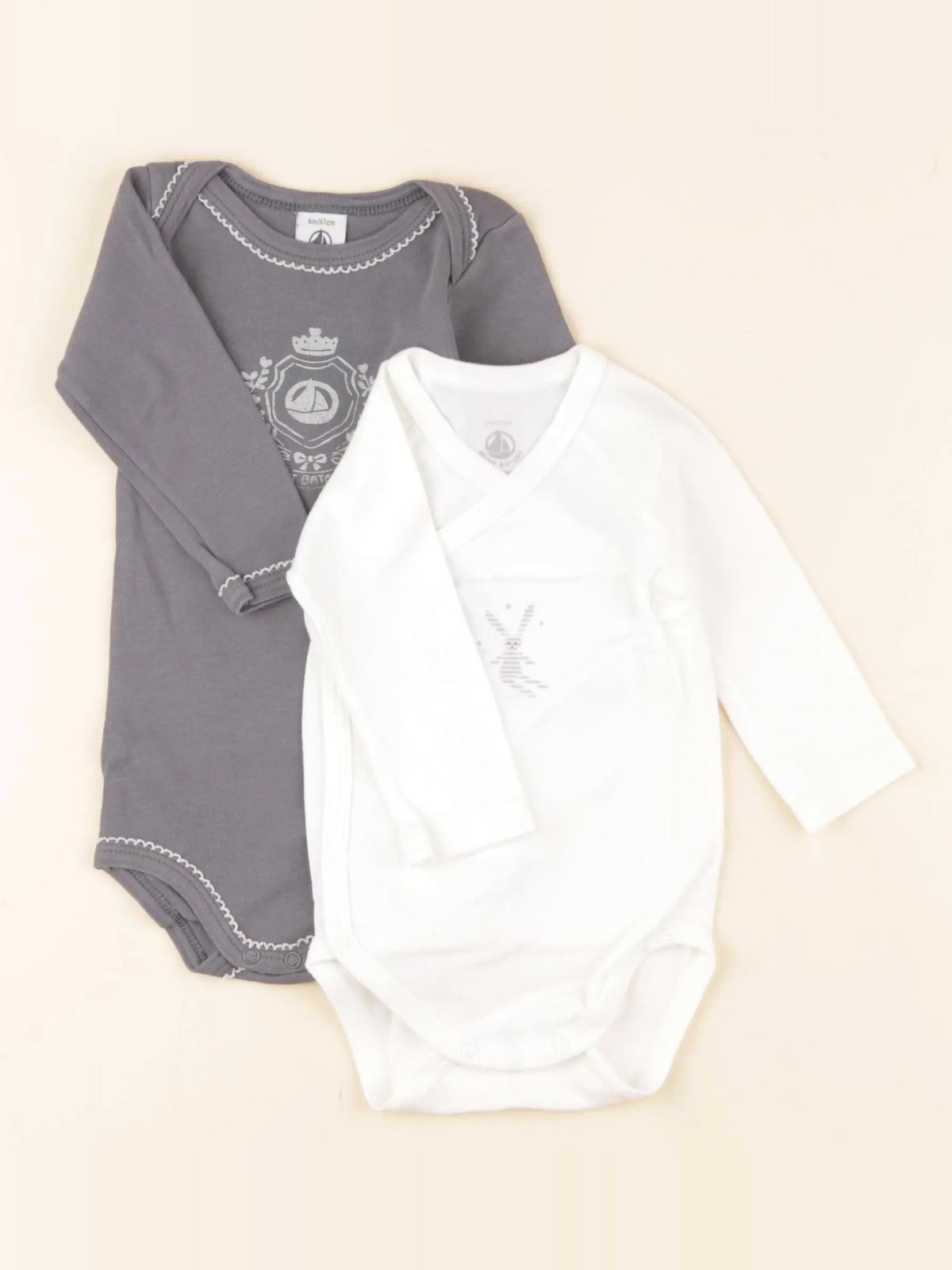 Petit Bateau - lot de 2 bodies en coton blanc, gris - 6 mois