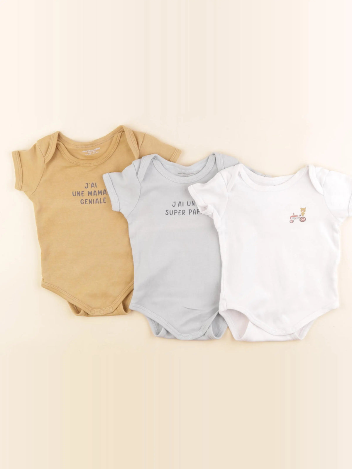 Vertbaudet - lot de 3 bodies en coton blanc, bleu, marron - 6 mois