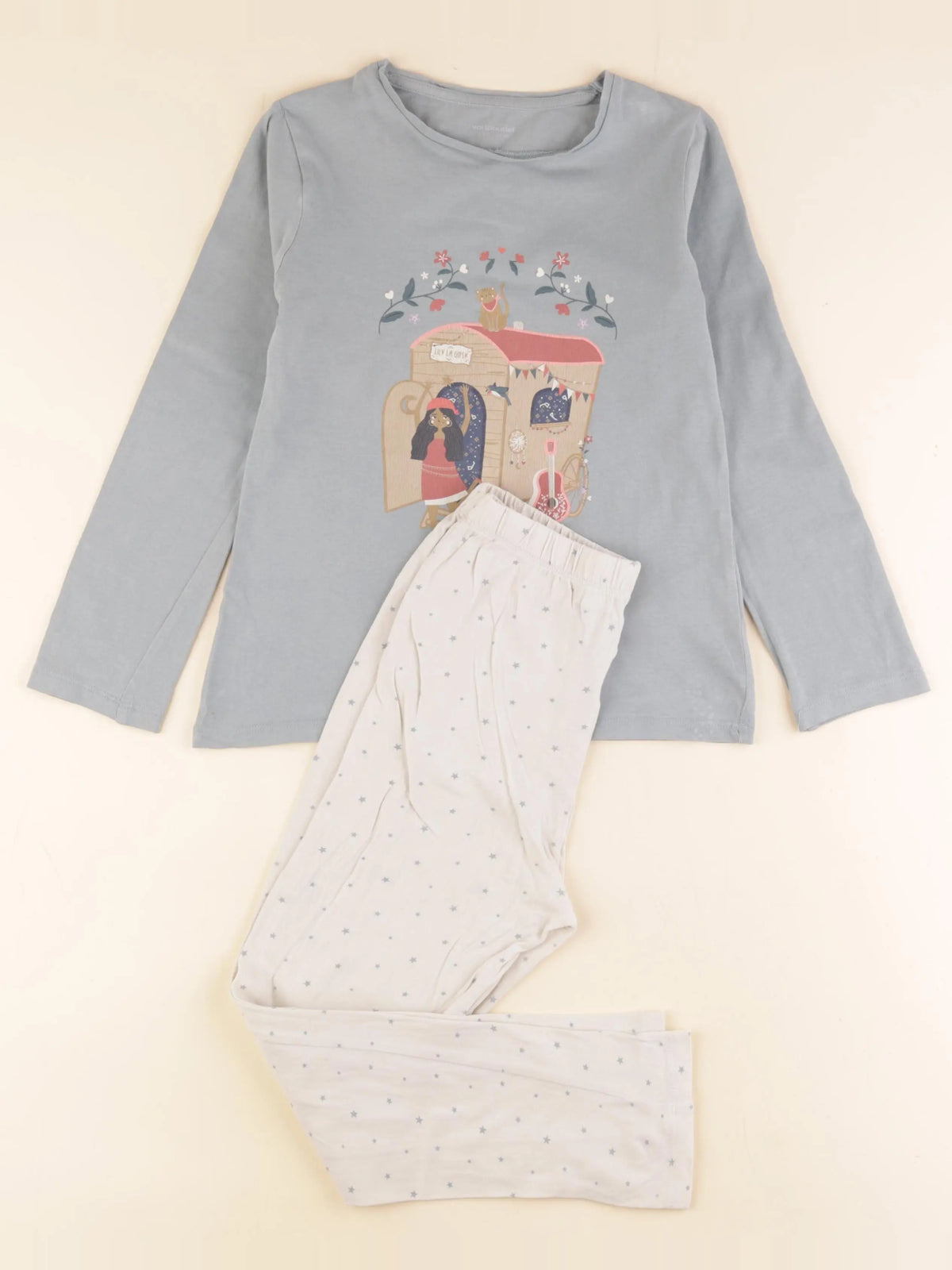Vertbaudet - pyjama coton bleu, beige - 8 ans