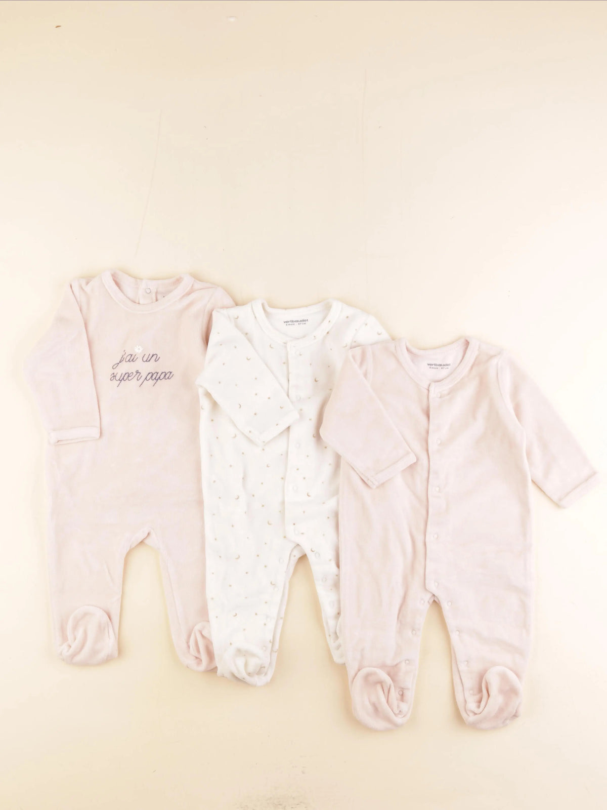 Vertbaudet - lot de 3 pyjamas velours rose, blanc - 6 mois