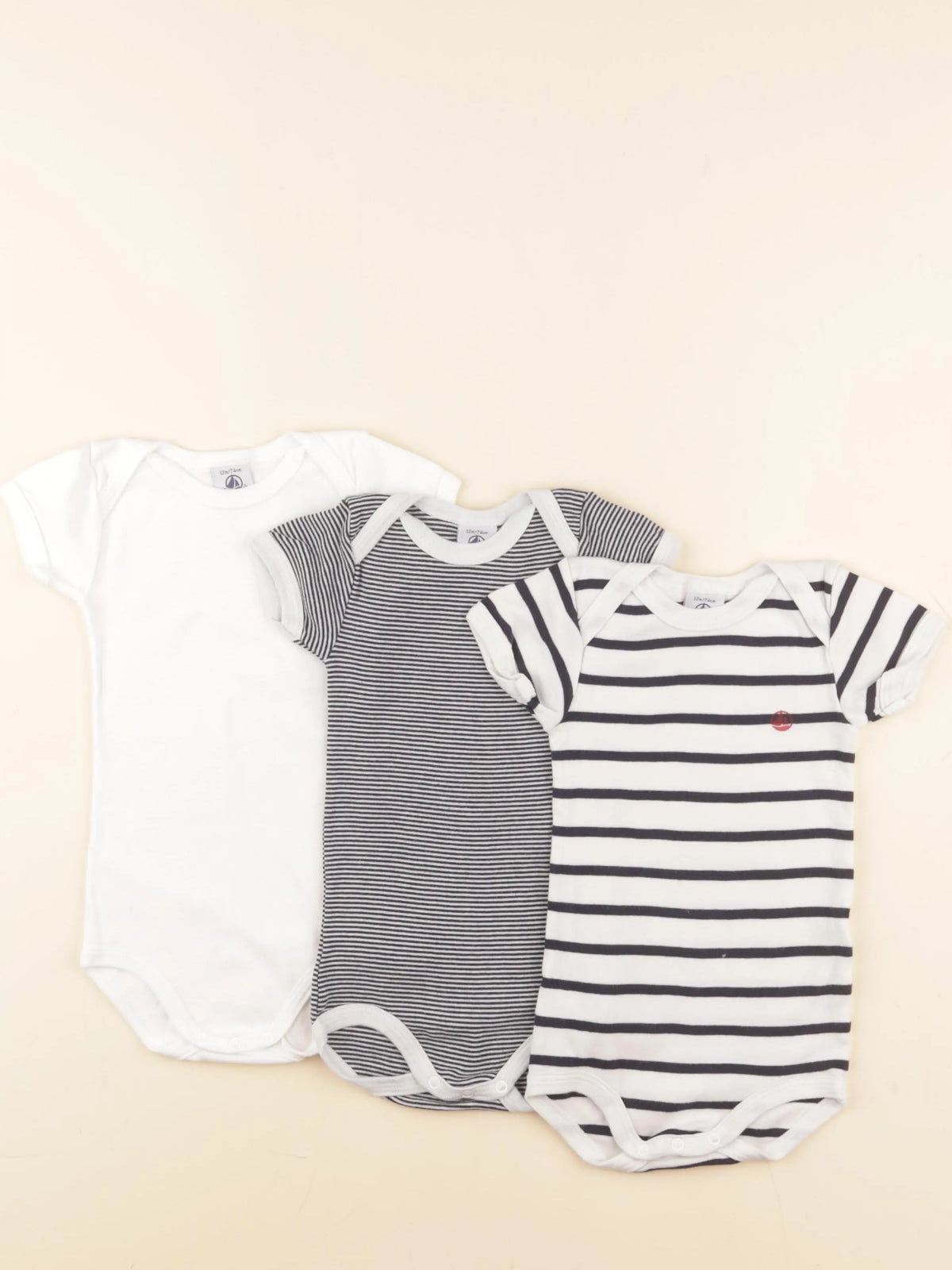 Petit Bateau - lot de 3 bodies en coton blanc, bleu - 12 mois