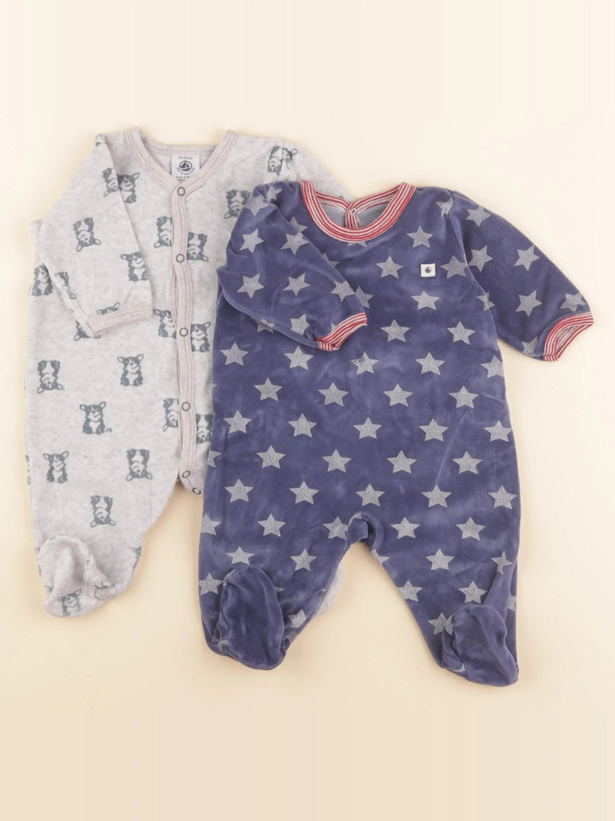 Petit Bateau - lot de 2 pyjamas velours bleu, gris - 3 mois