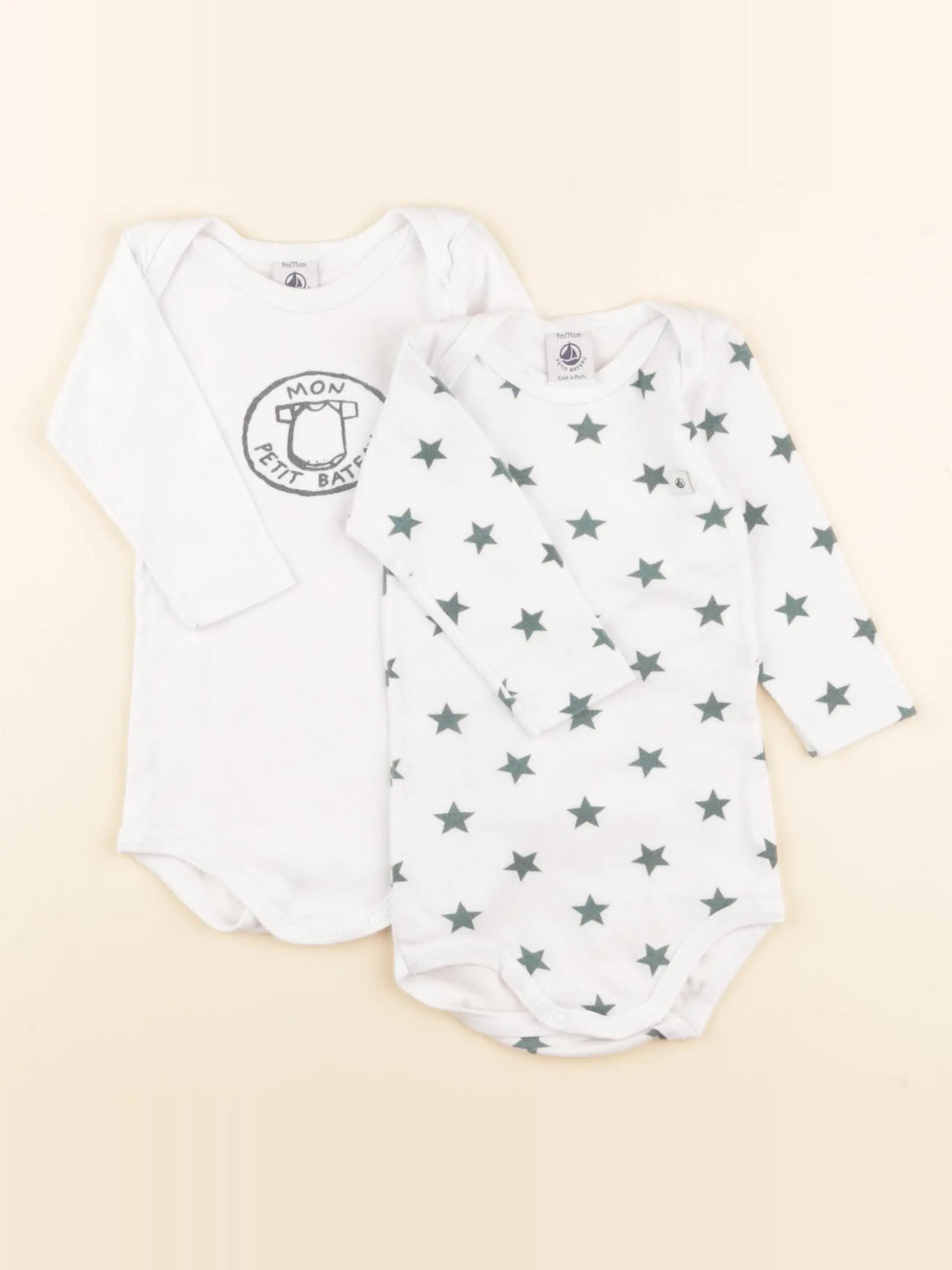 Petit Bateau - lot de 2 bodies en coton blanc, vert - 9 mois