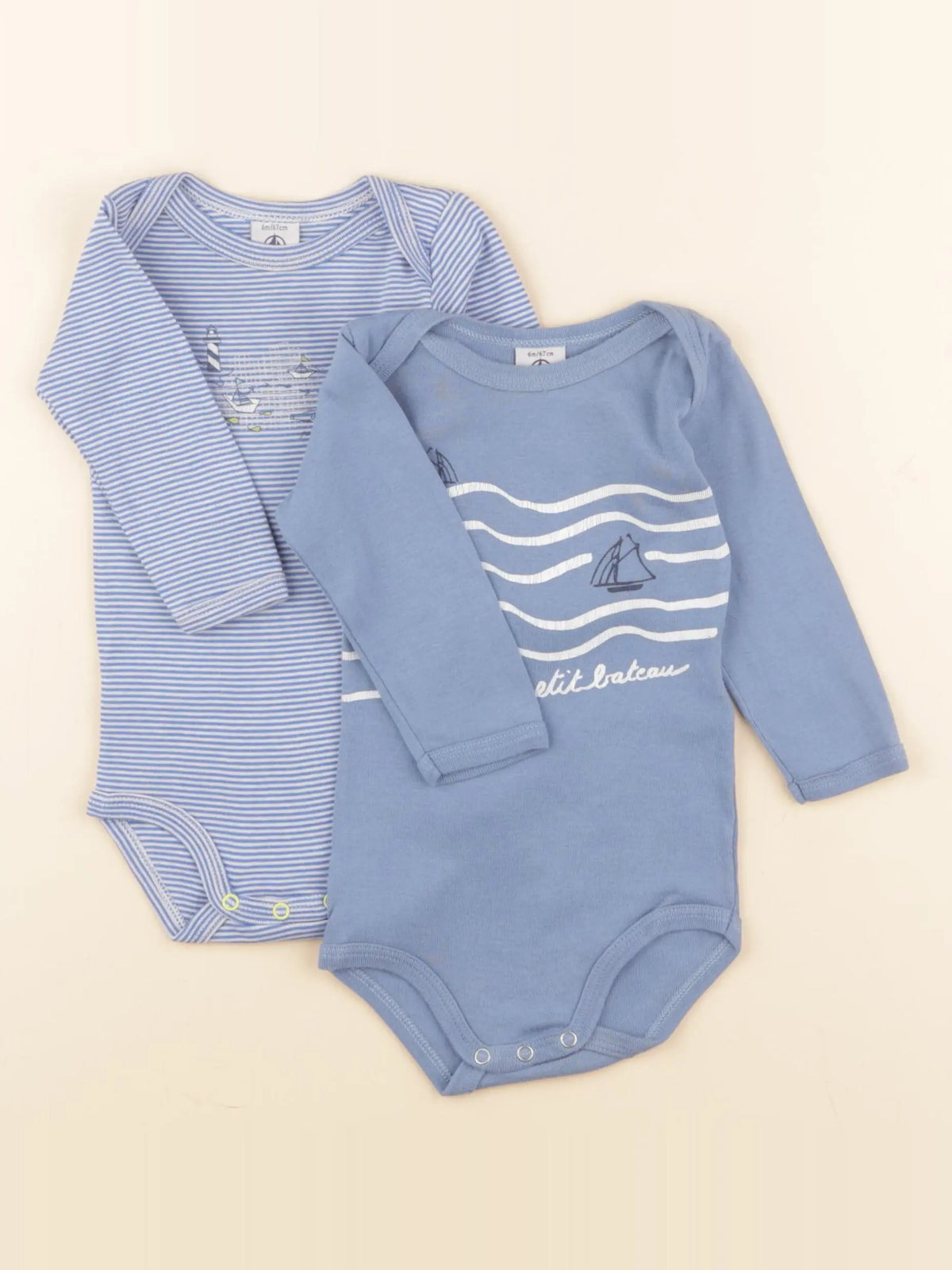 Petit Bateau - lot de 2 bodies en coton bleu - 6 mois