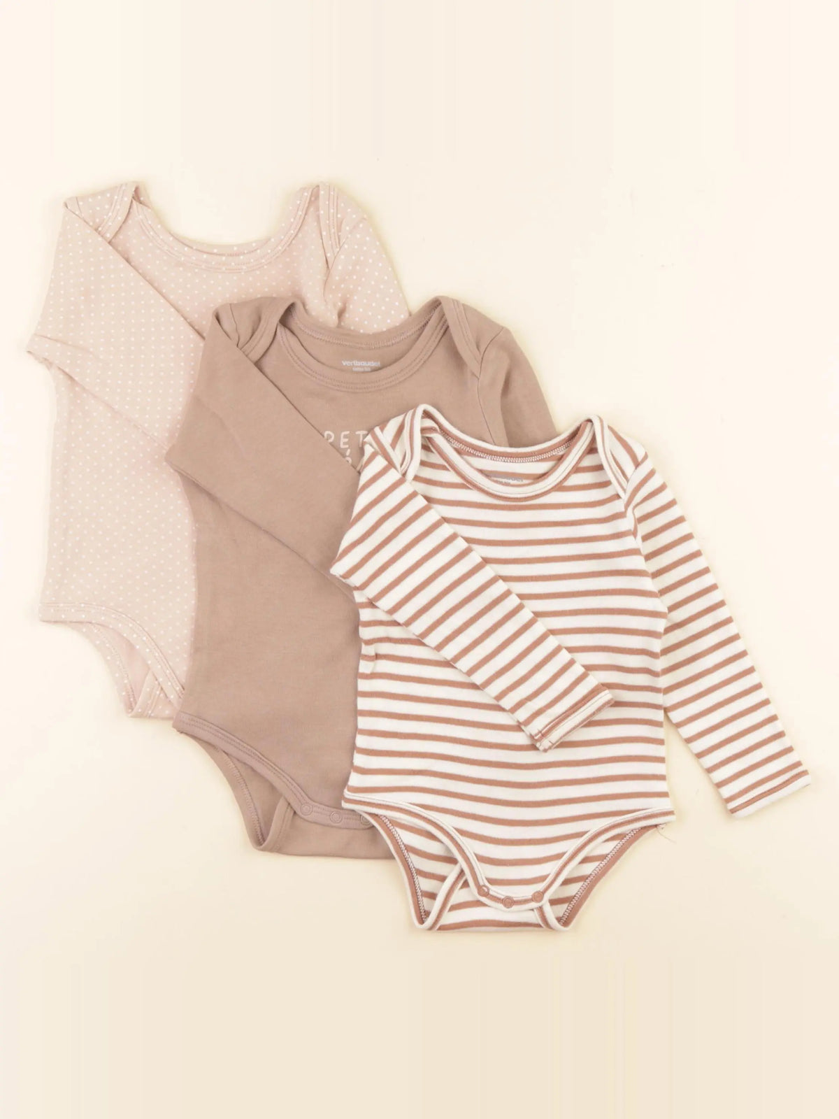 Vertbaudet - lot de 3 bodies en coton marron, rose - 12 mois