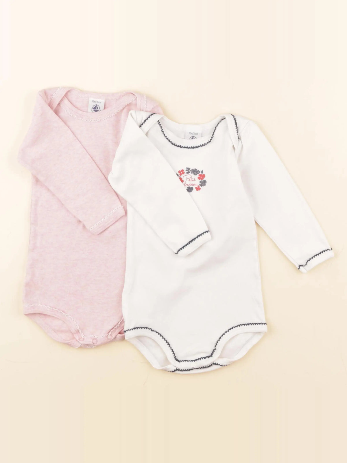 Petit Bateau - lot de 2 bodies en coton blanc, rose - 12 mois