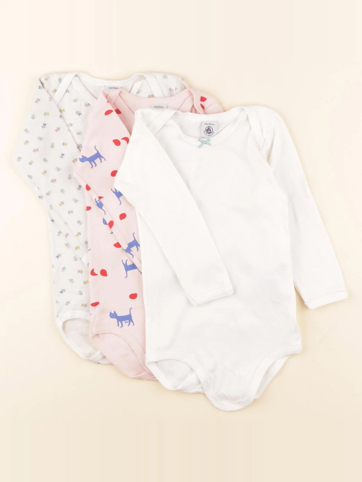 Petit Bateau - lot de 3 bodies en coton blanc, rose - 24 mois