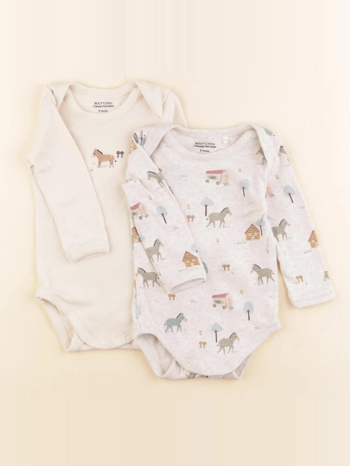 Boutchou - lot de 2 bodies en coton beige, gris - 9 mois