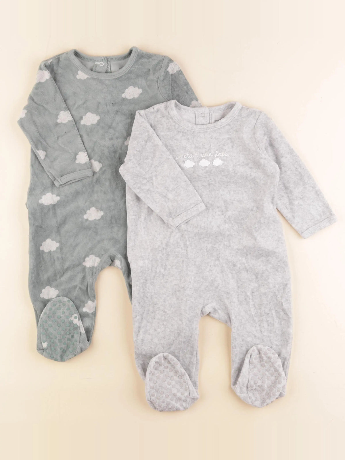 Vertbaudet - lot de 2 pyjamas velours vert, gris - 9 mois