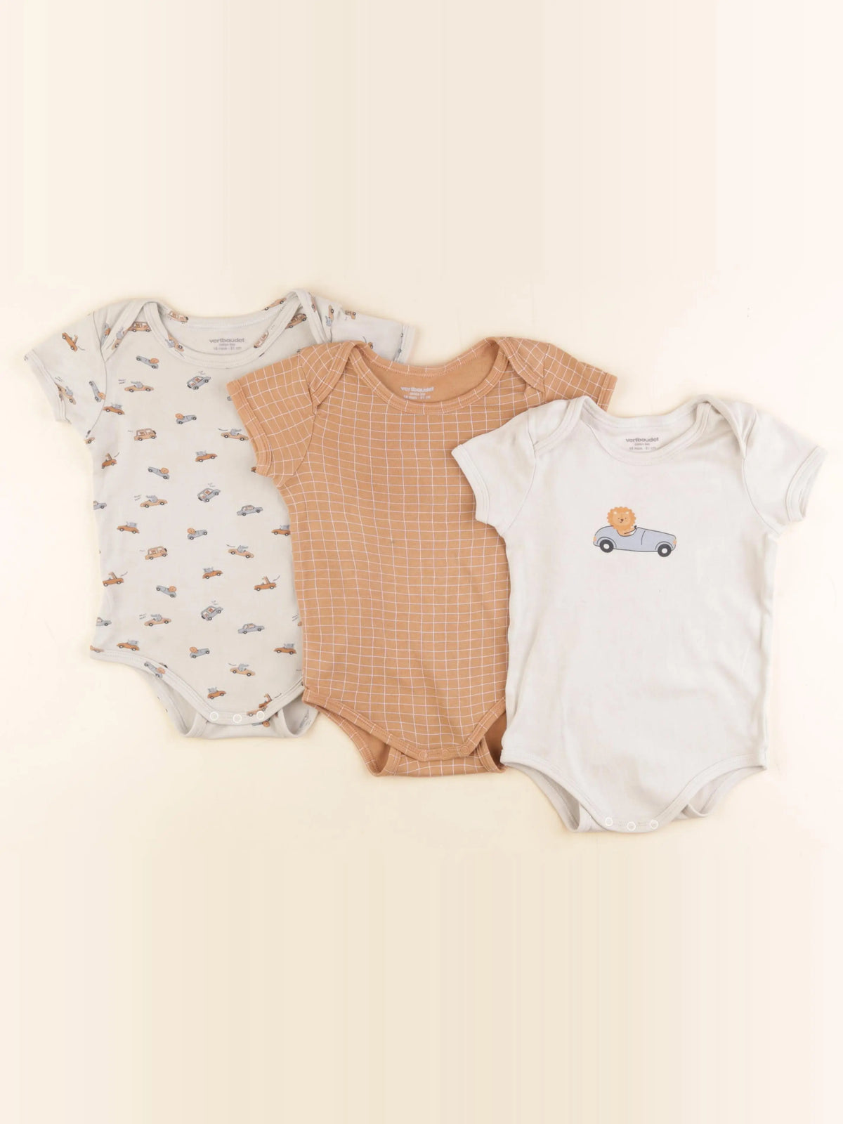 Vertbaudet - lot de 3 bodies en coton beige, marron - 18 mois