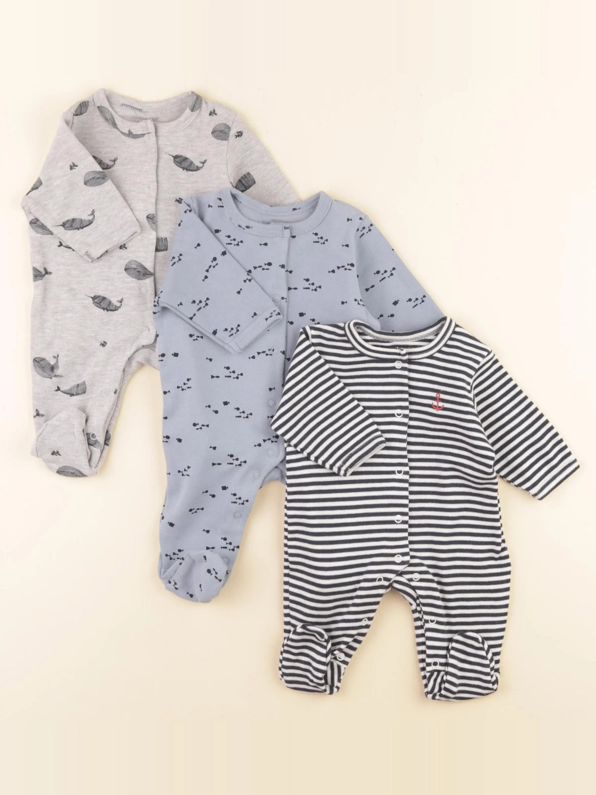 Vertbaudet - lot de 3 pyjamas coton bleu, gris - 1 mois