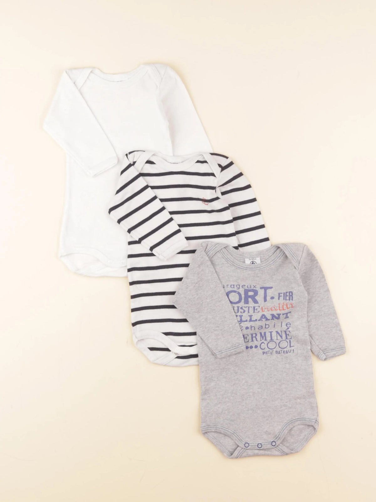 Petit Bateau - lot de 3 bodies en coton blanc, gris - 3 mois