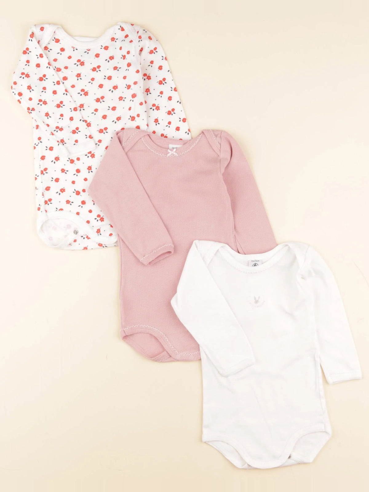 Petit Bateau - lot de 3 bodies en coton blanc, rose - 12 mois