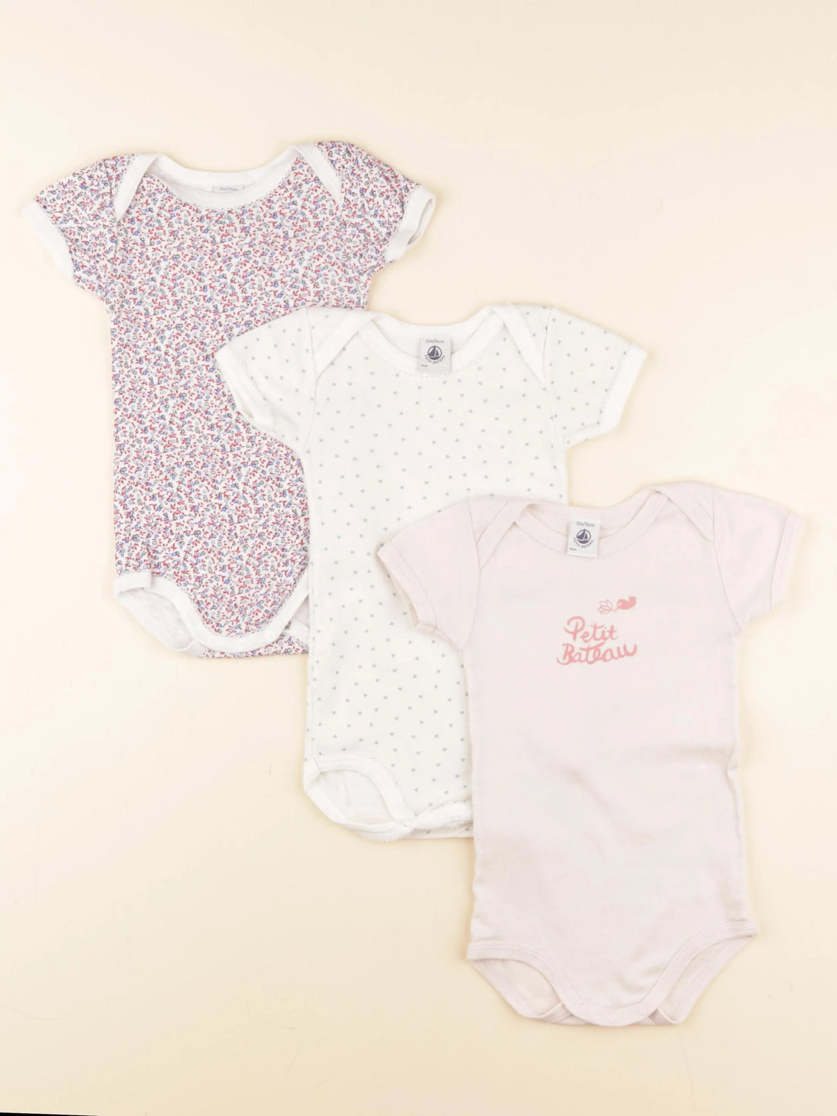 Petit Bateau - lot de 3 bodies en coton blanc, rose - 12 mois
