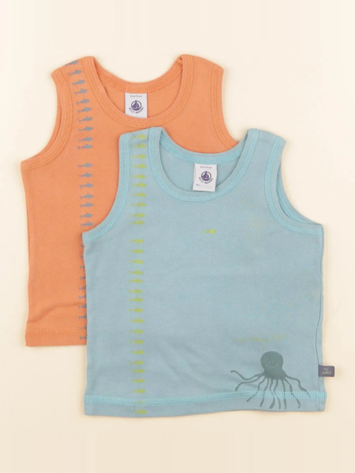 Petit Bateau - lot de 2 maillots de corps bleu, orange - 12 mois