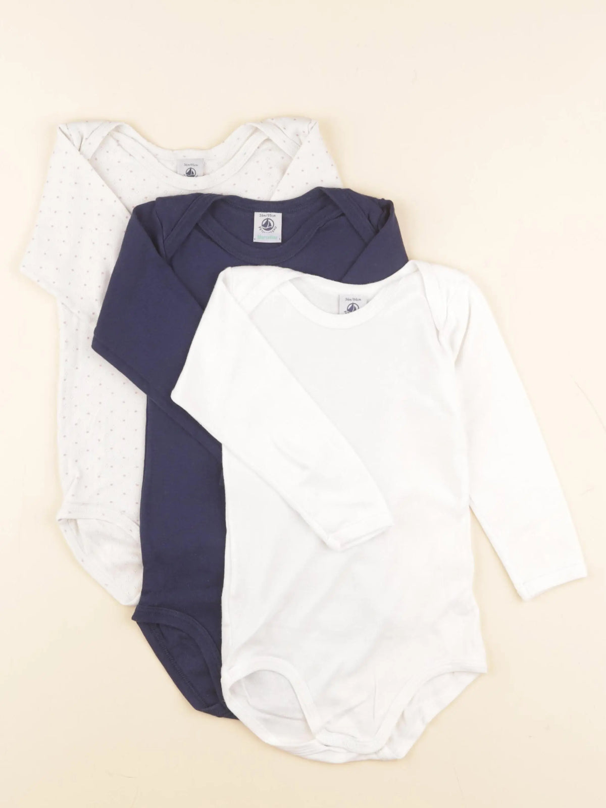 Petit Bateau - lot de 3 bodies en coton blanc, bleu - 36 mois