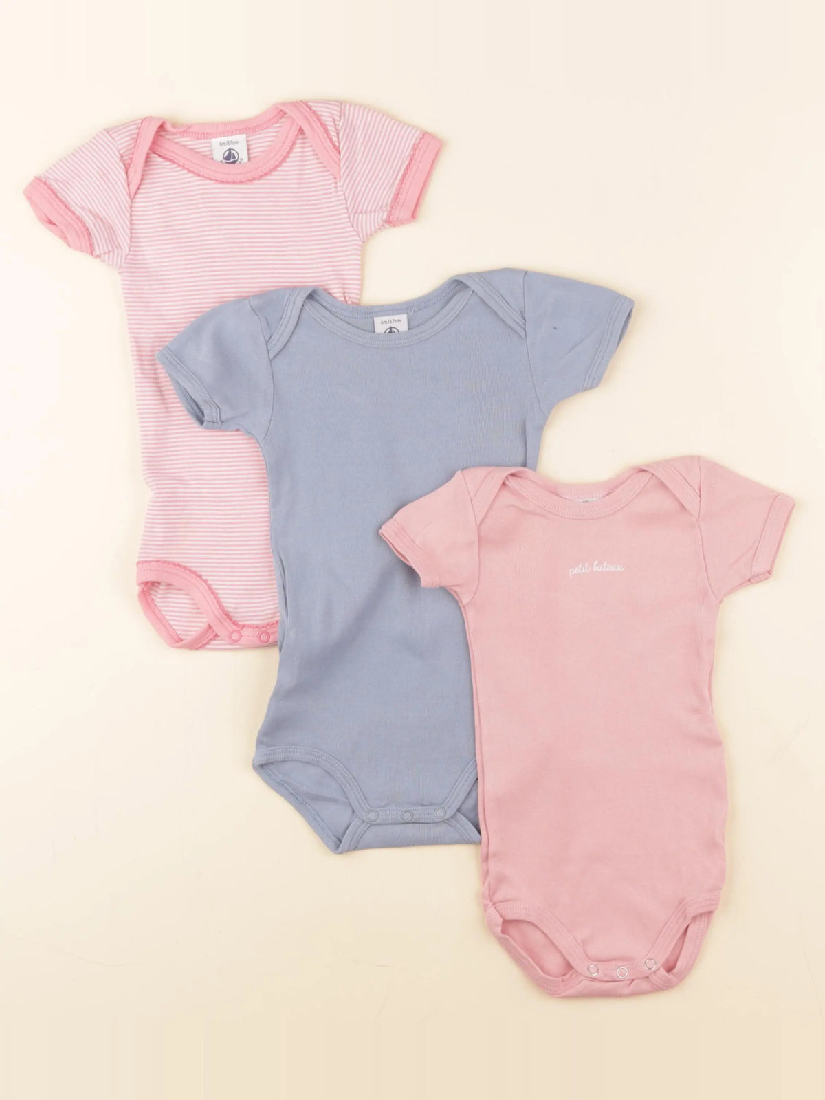 Petit Bateau - lot de 3 bodies en coton bleu, rose - 6 mois